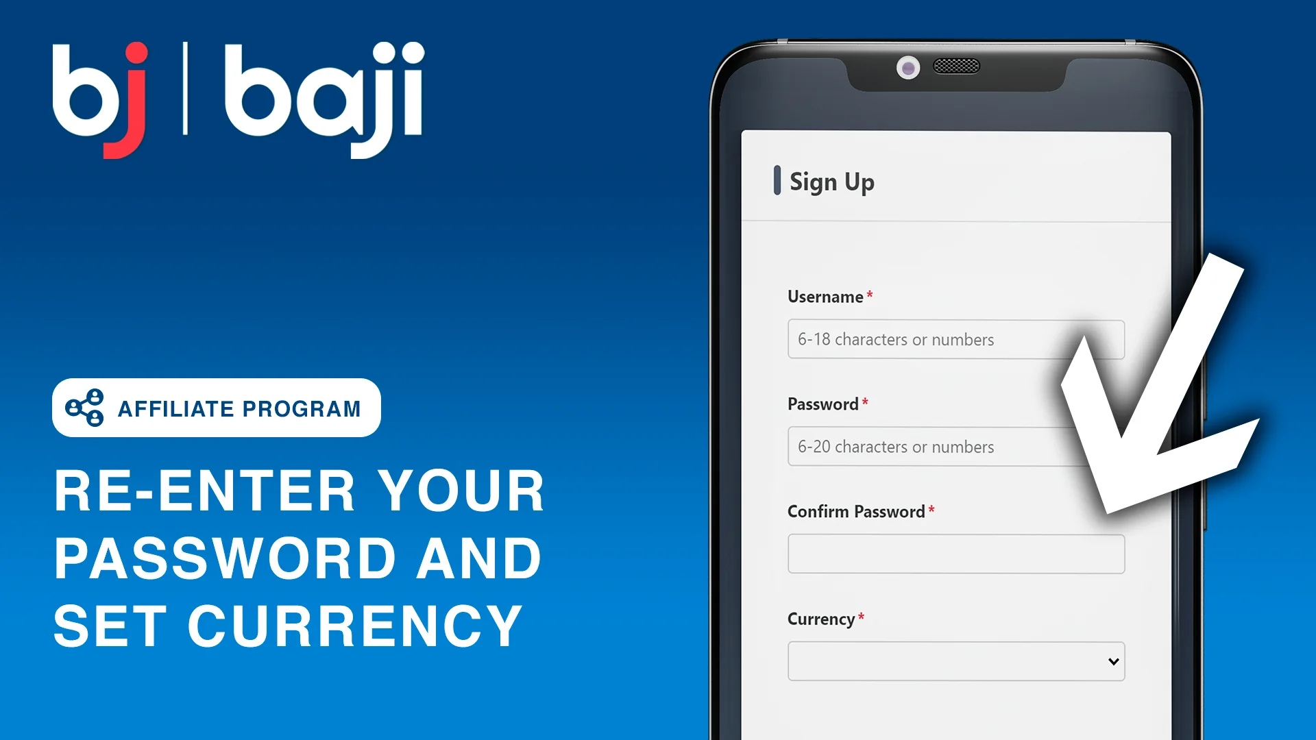 Re-enter your password and set preferable currency - Baji Casino Affiliates