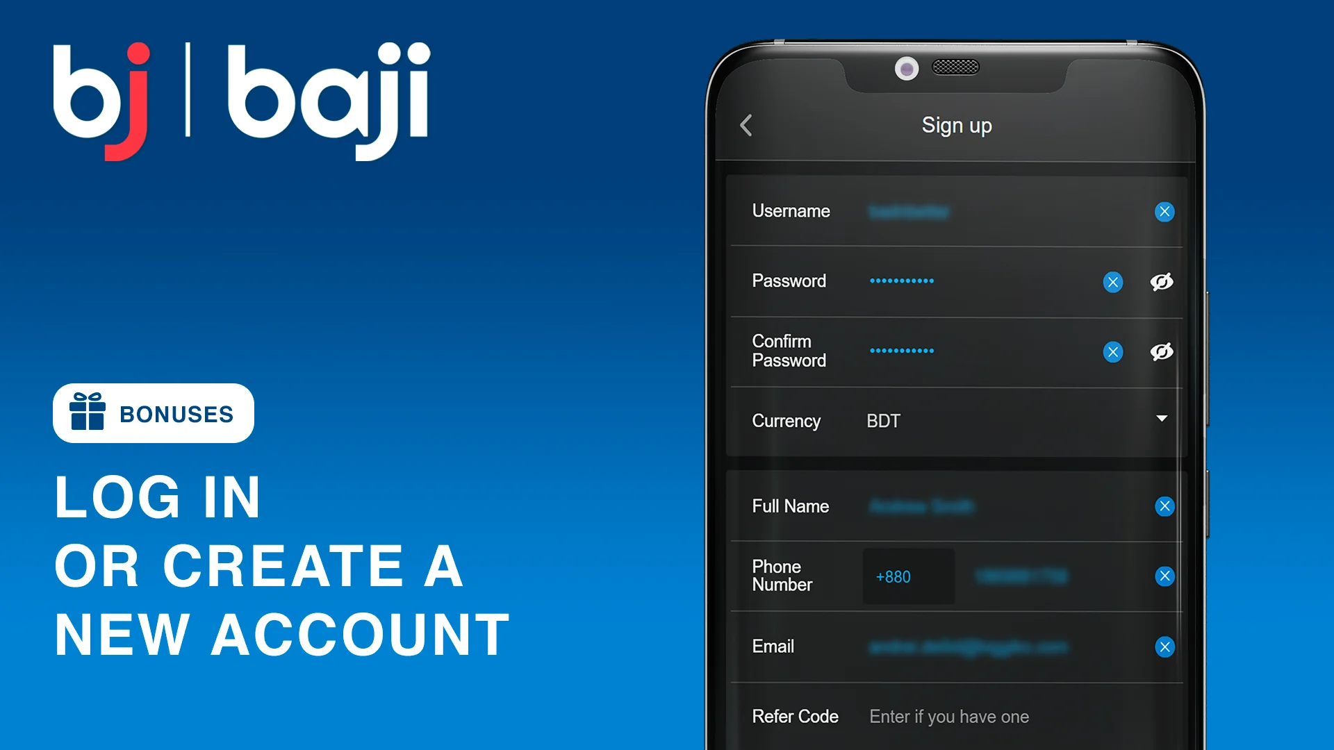 Log in or create a new account - Baji Bonuses