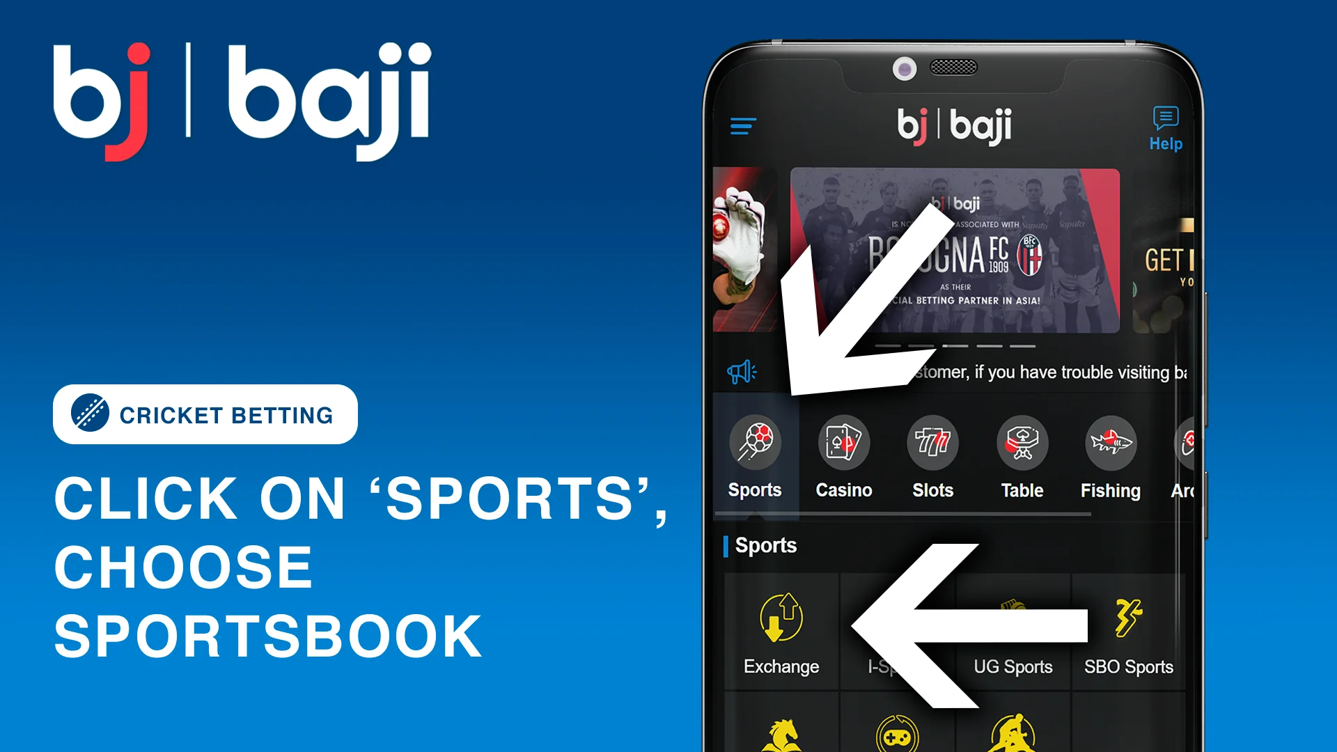 Click on 'Sports' Section of Baji