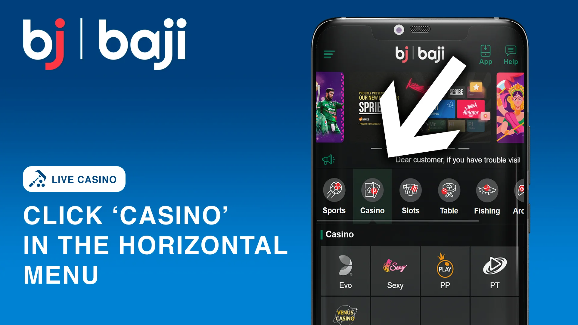 Click 'Casino' in the menu - Baji Bangladesh