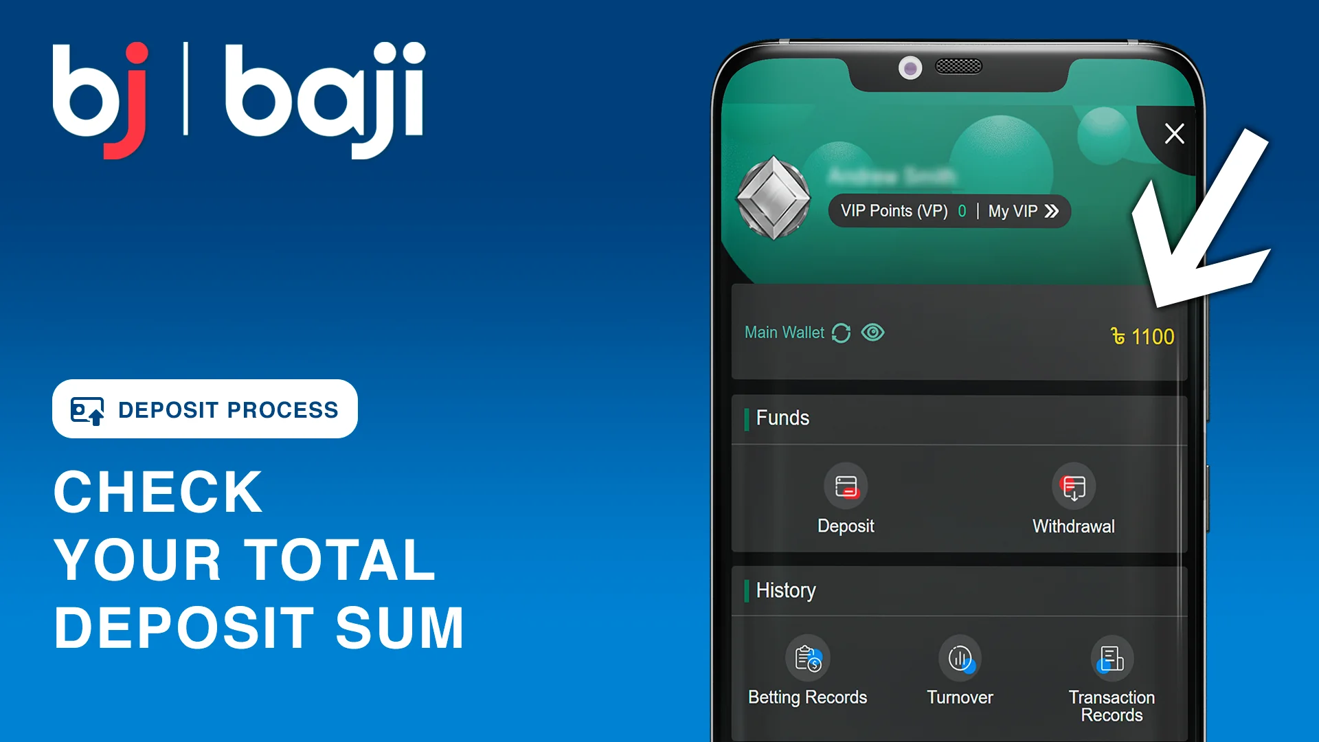 Check your total deposit sum at Baji